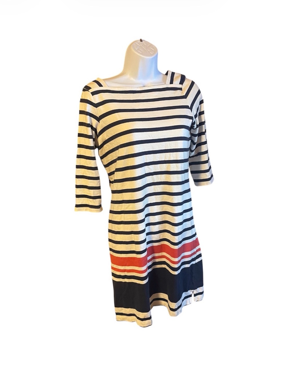 L.L. Bean Striped Boatneck Dress in Cream, Blue & Red Accent